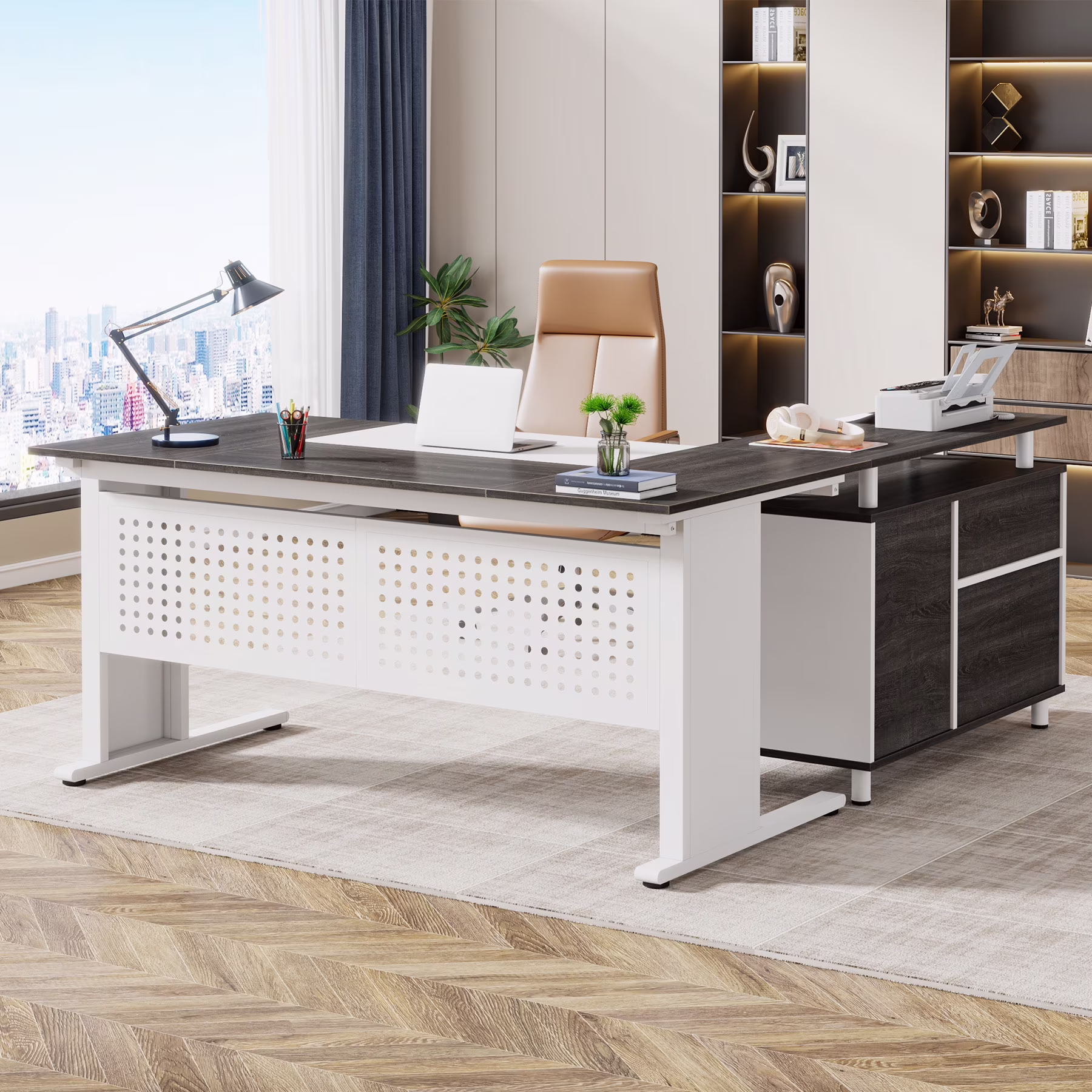 Tribesigns 63 Inch Executive Desk with File Cabinet, Large Office Desk L Shaped Computer Desk with Drawers and Storage Shelves, Business Furniture Desk Workstation for Home Office, Brown and Black