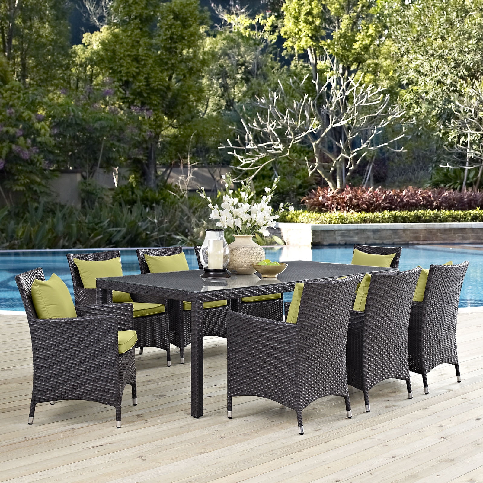 Modern Contemporary Urban Design Outdoor Patio Balcony Nine PCS Dining Chairs and Table Set, Green, Rattan