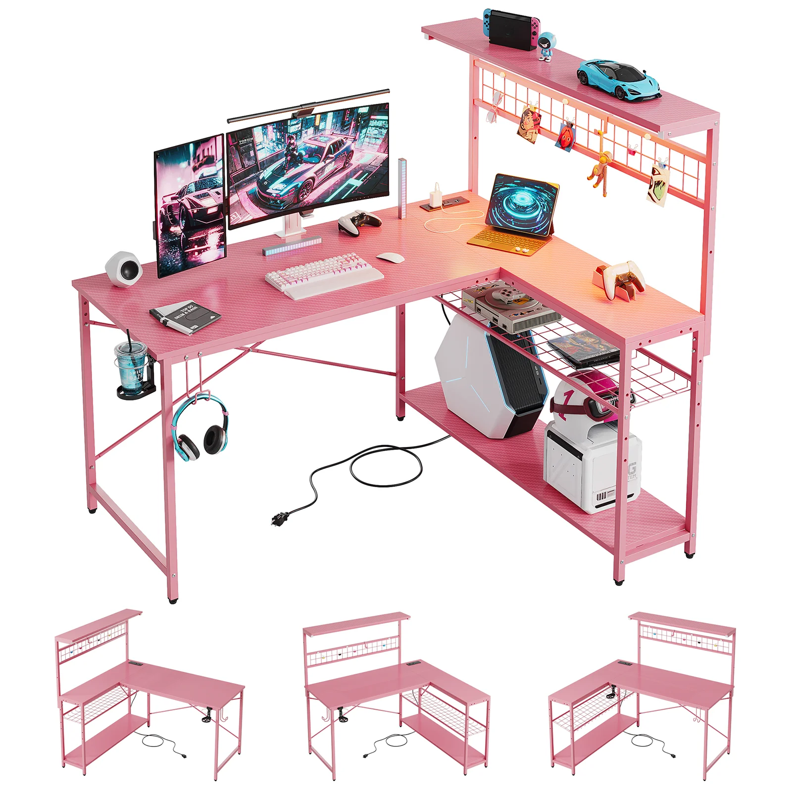 Bestier 51 L Shaped Gaming Desk with Power Outlets & LED Light, Computer Desk with 4 Tiers Shelves for Home Office, Reversible Gamer Table with Hooks and Cup Holder, Carbon Fiber