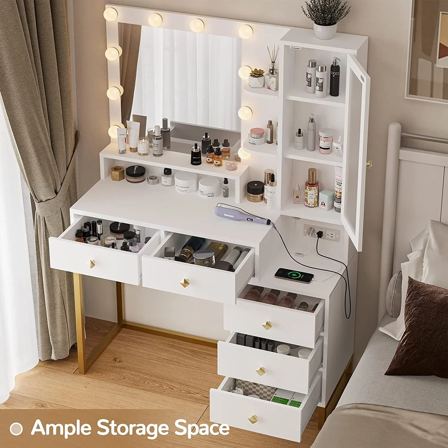 Vanity Desk with LED Lighted Mirror, Makeup Desk with 5 Storage Drawers & 6 Shelves, Vanity Table with Charging Station, Modern Dressing Table with 3 Color Lighting Options, White