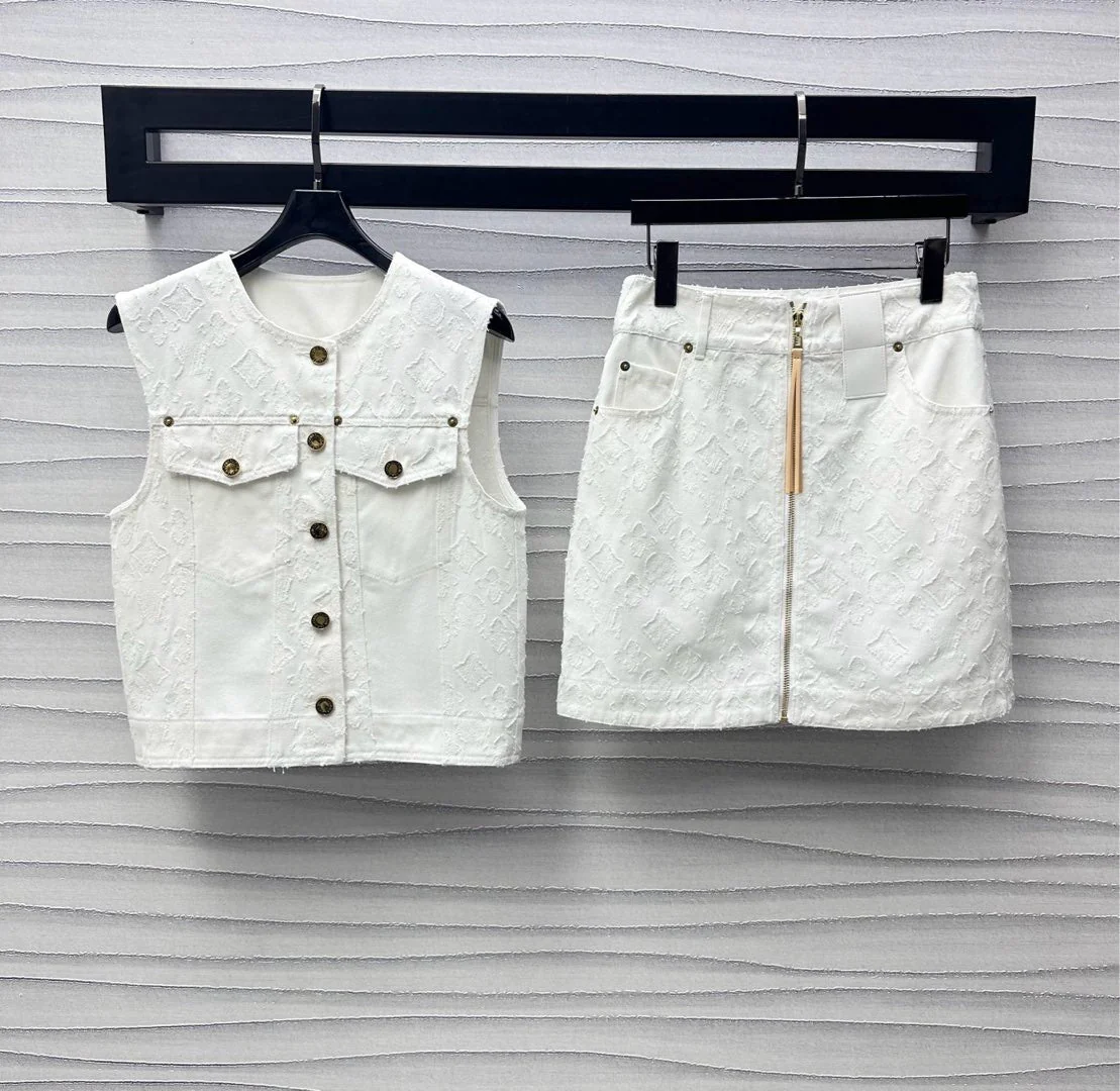 White Denim Co-ord Set with Embossed Motifs & Hardware Accents