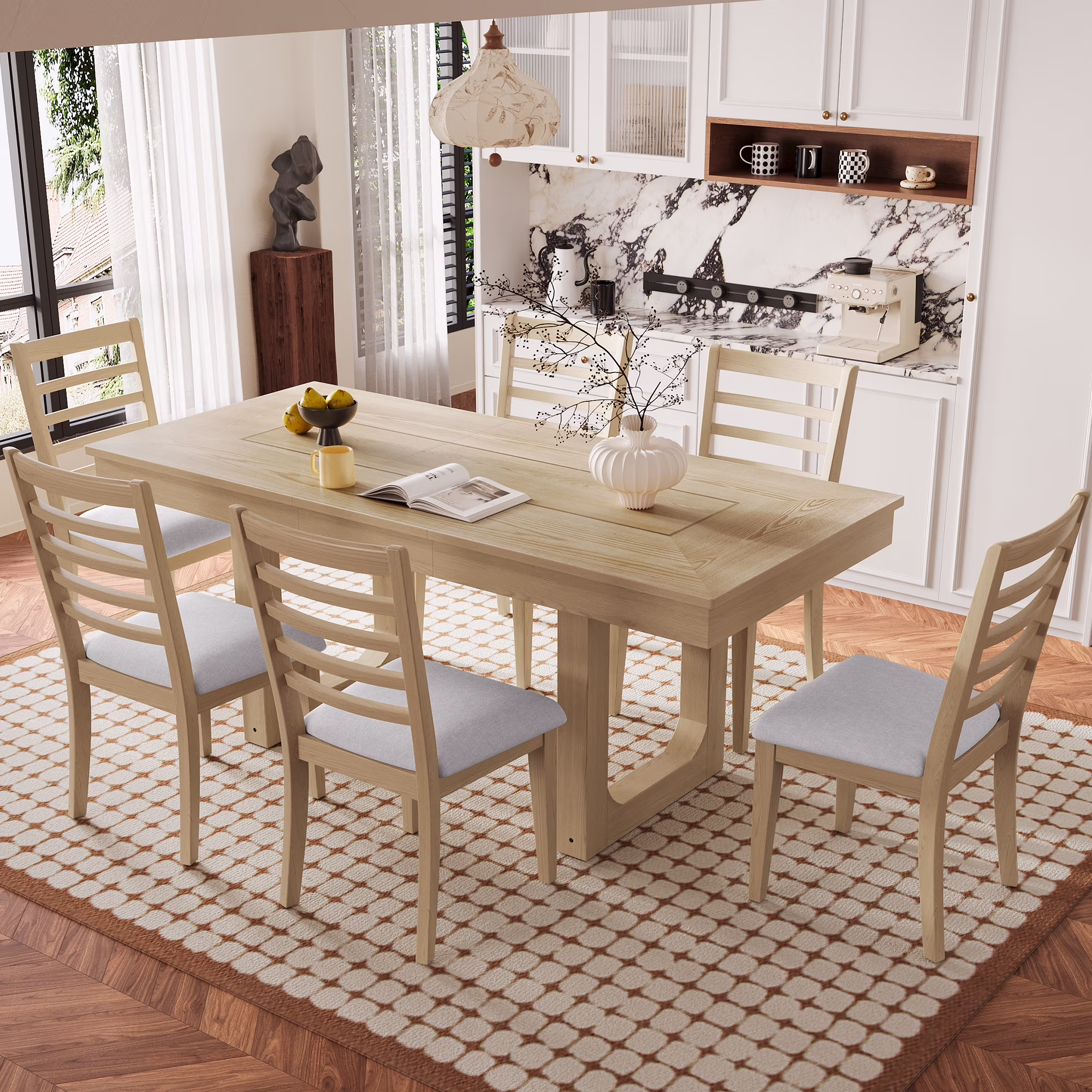 Harper & Bright Designs Farmhouse Extendable Dining Table Set for 6, 7 Pieces Rectangle Dining Table with 6 Upholstered Chairs, Wood Expanding Kitchen Table Set for Dining Room, Brown
