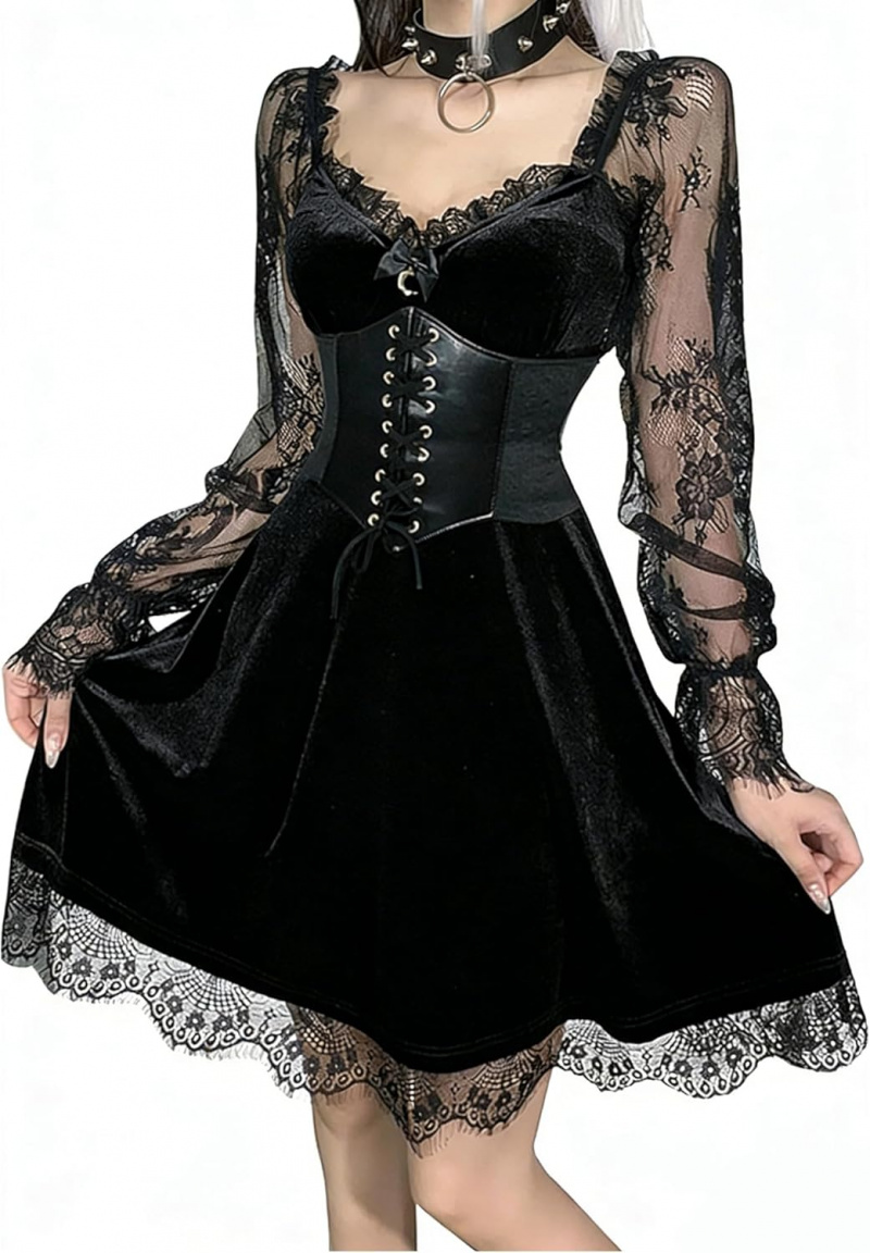 Women Gothic Velvet Dress - Flared Lace Long Sleeve Midi Dresses