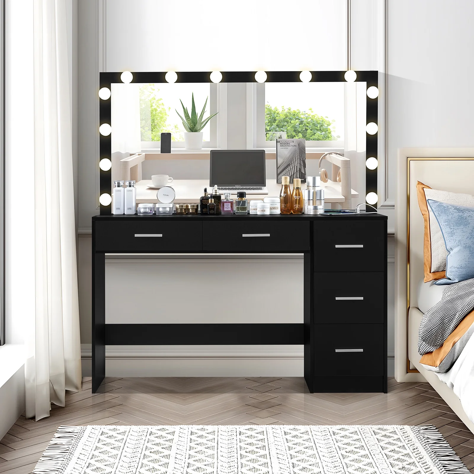 USIKEY Bedroom Adjustable Makeup LED Lights Desk, and Mirror Table Set, White