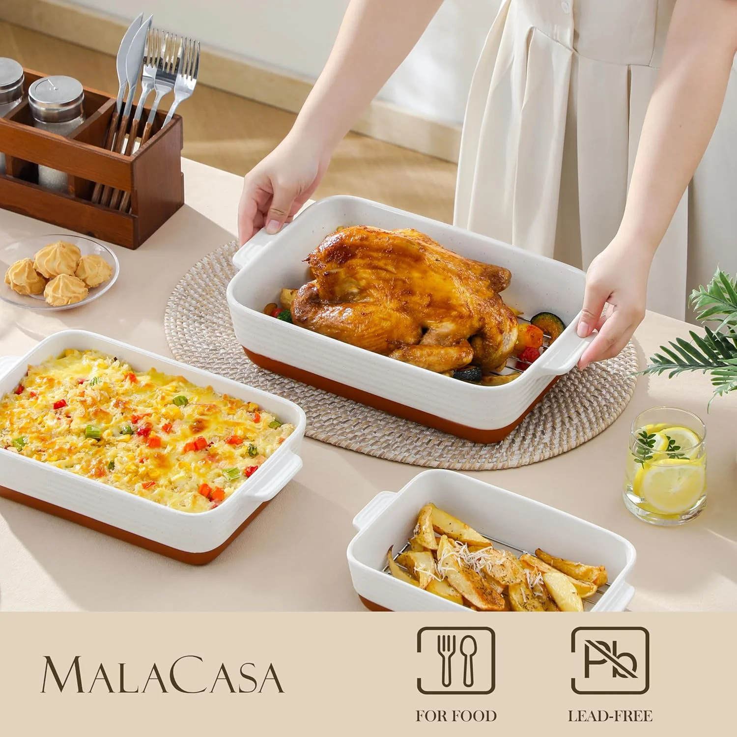Casserole Dishes for Oven with Roasting Racks, Ceramic Baking Dishes Set of 3, Baking Pan Casserole Dish Set, Rectangular Lasagna Pan Deep with Handles for Baking, Khaki White (14.5''/13''/10.5''),