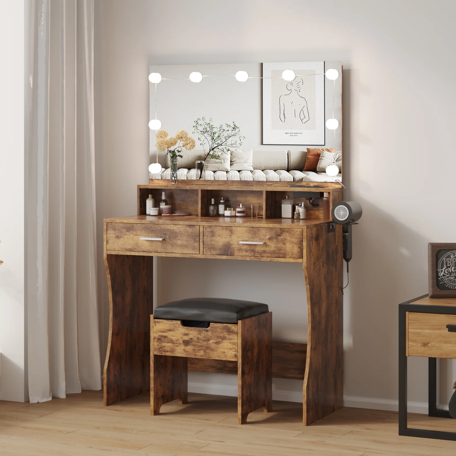 Modern Vanity Table Set with Lighted Mirror,Makeup Table with 2 Drawers & Power Strip,Dresser Desk for Girls, Women, White