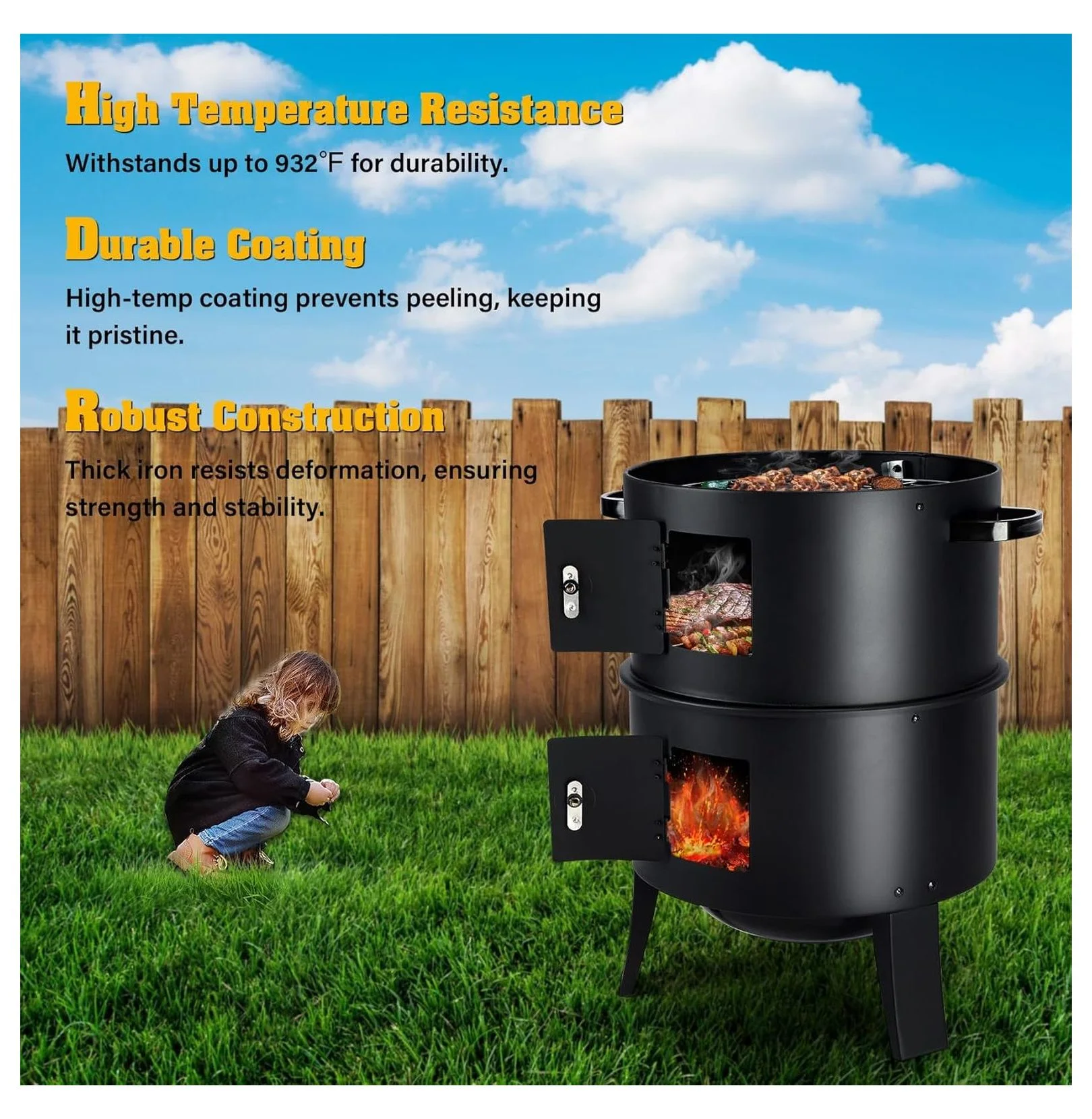 Unbranded Charcoal Smoker Grill with Heavy-Duty Thermometer and Portable Meat Cooker