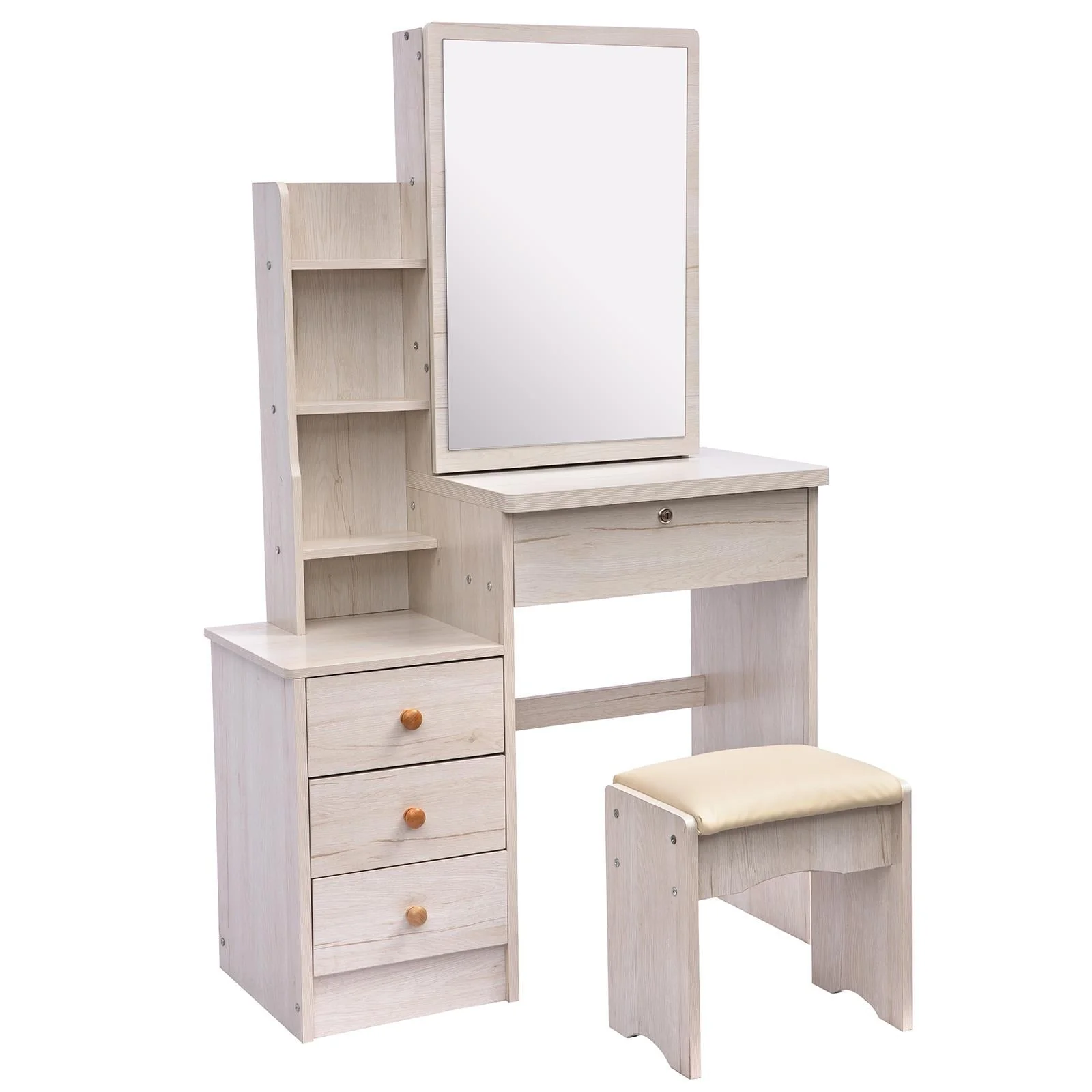 UBesGoo Vanity Set with Sliding Mirror, Makeup Vanity Dressing Table with 4 Drawers, Shelves, Dresser Desk and Cushioned Stool Set (White Oak Color)