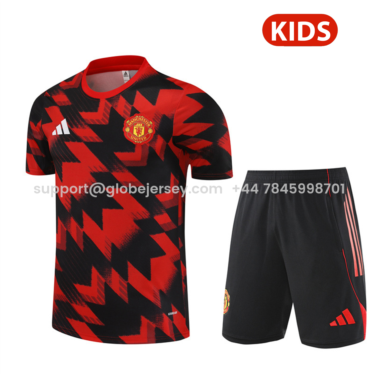 Manchester United 25-26 Kids Short-Sleeve Training Set - Red Camouflage Top & Black Shorts