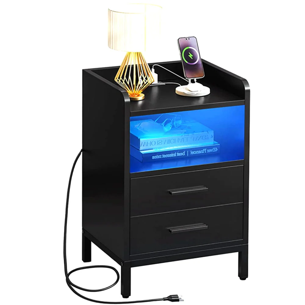 DEXTRUS Side Table with Charging Station, 3-Drawer LED Light Bedside End Table Nightstand for Bedroom Living Room Small Space, White