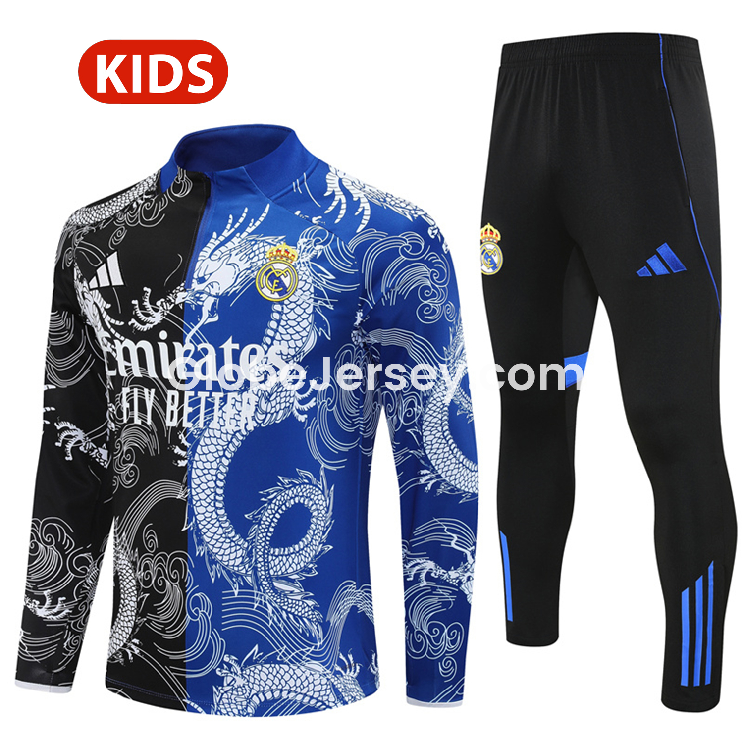 Real Madrid 25-26 Kids Long Sleeve Training Set - White Loong Black Blue Top and Black Pants