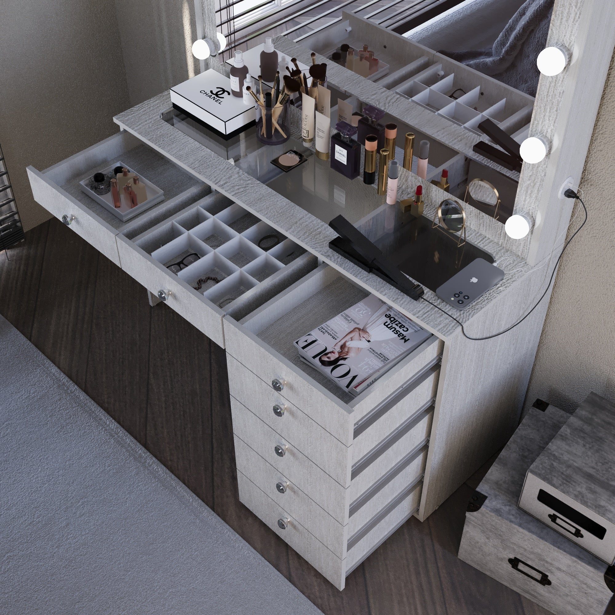 Ember Interiors Modern Large Greige Makeup Vanity Desk with Built-in Lights, Power Outlet with USB Type-C, Glass Top, 7 Drawers and Crystal Knobs