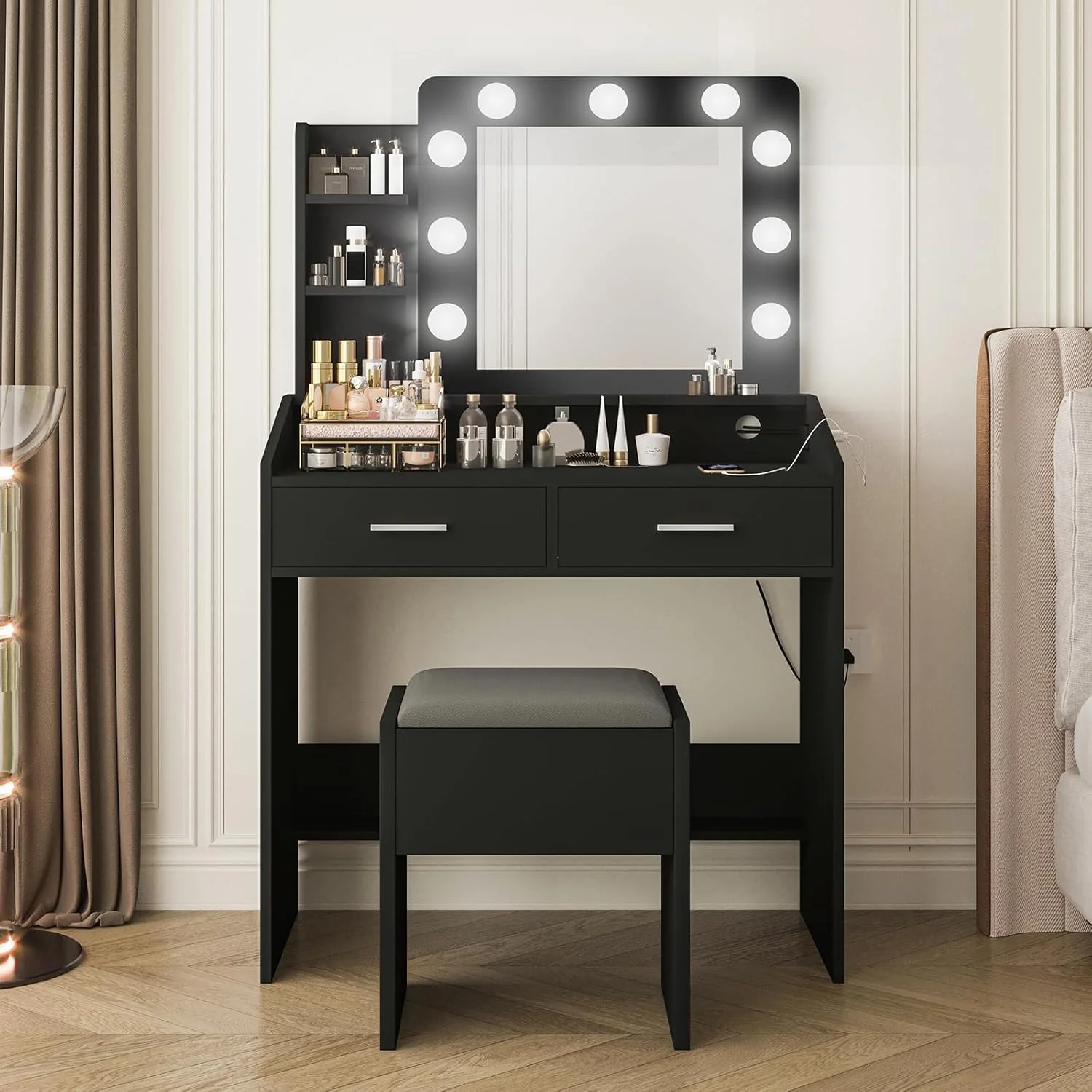 OYang Makeup Vanity with Lights, Vanity Desk with Mirror and Lights Set, Large Drawer and Two-Tier Lots Storage Cabinet, 3 Lighting Modes Adjustable Brightness