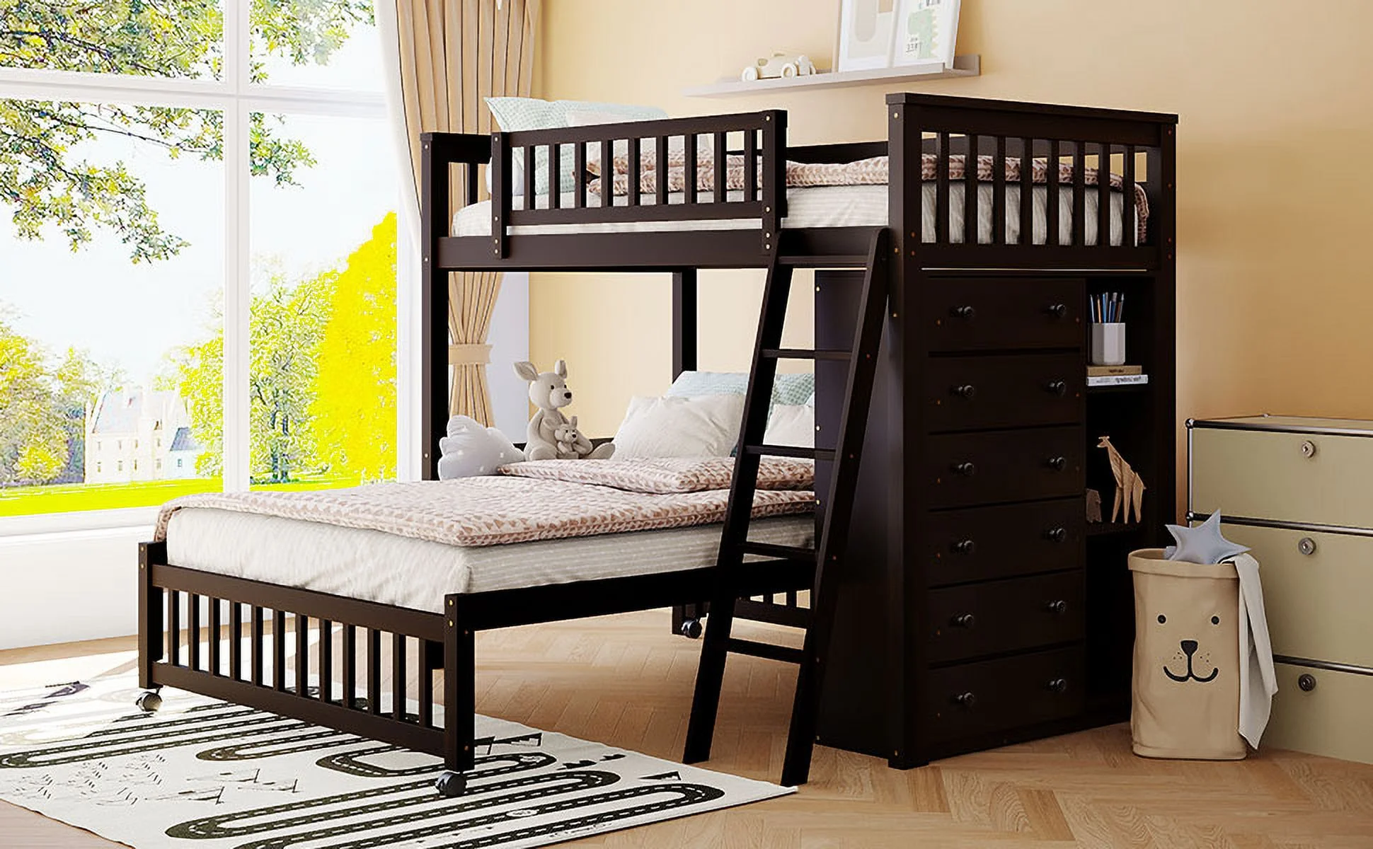 Harper & Bright Designs Full Over Twin Bunk Bed with Desk, Drawers and Shelves, L-Shaped Bunkbeds with Storage Staircase for Adults Bedroom, White