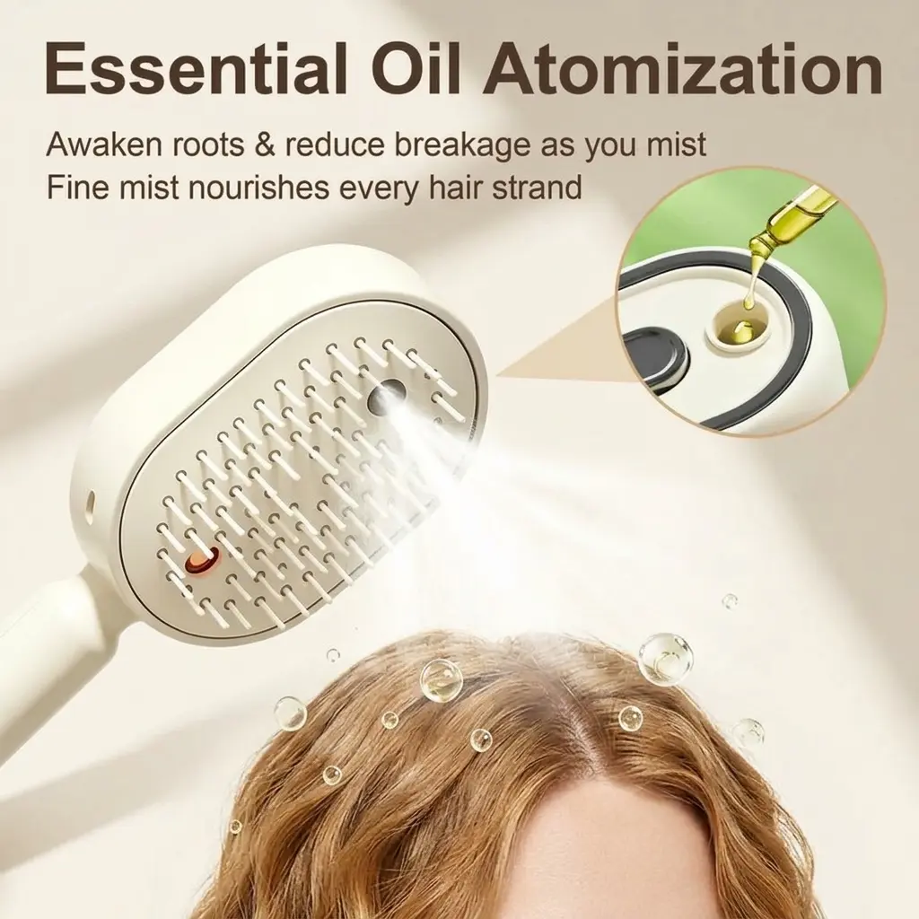 Electric Spray Air Cushion Massage Comb with Self-Cleaning, Anti-Tangle, Anti-Static, Volumizing Functions and Essential Oil Mist Aromatherapy Hair Care