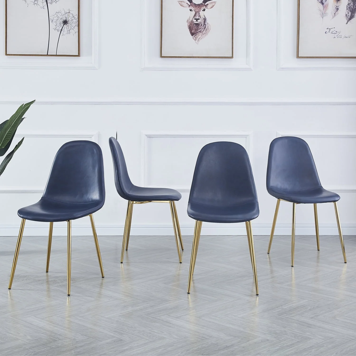 ROZHOME Modern Dining Chair Set of 4, Mid Century Side Chair, Kitchen & Dining Room Chairs, Washable PU Leather Dining Chair with Metal Legs, Dark Slate Blue