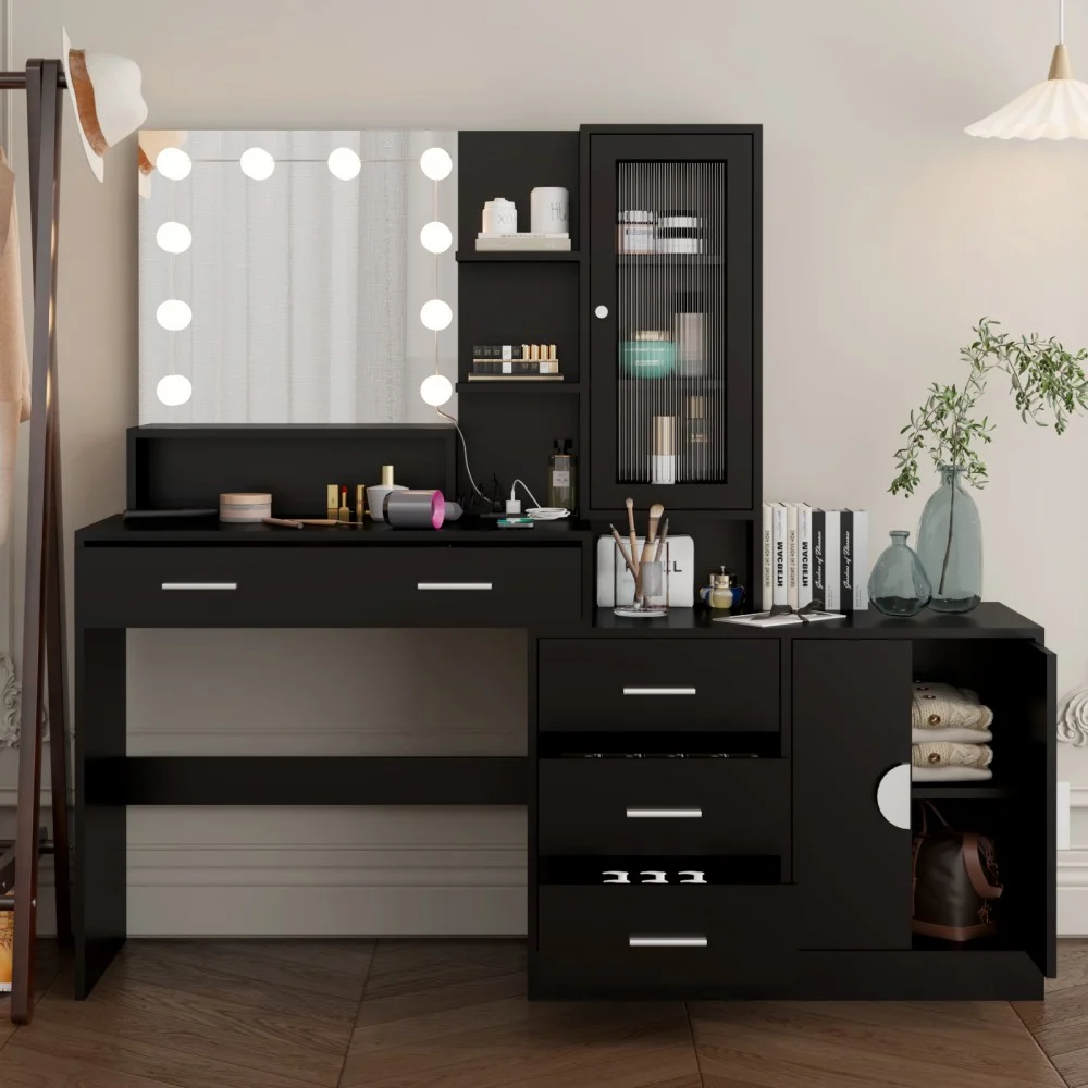 IVV Vanity Desk with Lighted Mirror and Charging Station, Makeup Dressing Table with 5 Drawers and Storage Cabinet, 10 LED Bulbs, 3-Color Lighting Modes, Brightness Adjustable, Black