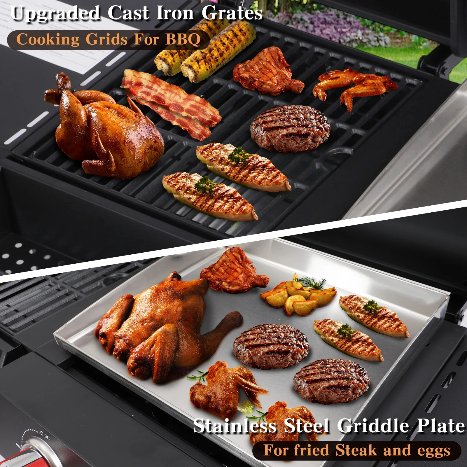 2 Burner Gas and Charcoal Combo Grill, 21,000 BTU Output Outdoor Barbecue Grill with Cast Iron Grates and Versatile Mini Grill Pan, Perfect for Outdoor Cooking, Balcony, Backyard, Camping, BBQ Grill
