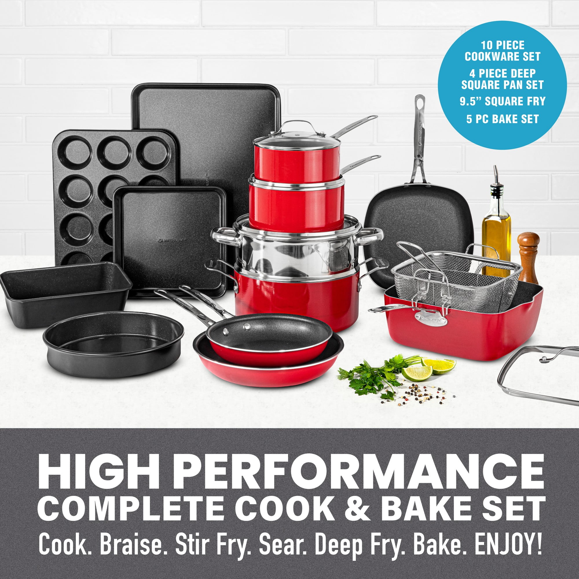 Granitestone Pots and Pans Set, 20 Piece Complete Cookware + Bakeware Set with Ultra Nonstick, Includes Frying Pans, Saucepans, Stock Pots, Steamers, Cookie Sheets and Baking Pans