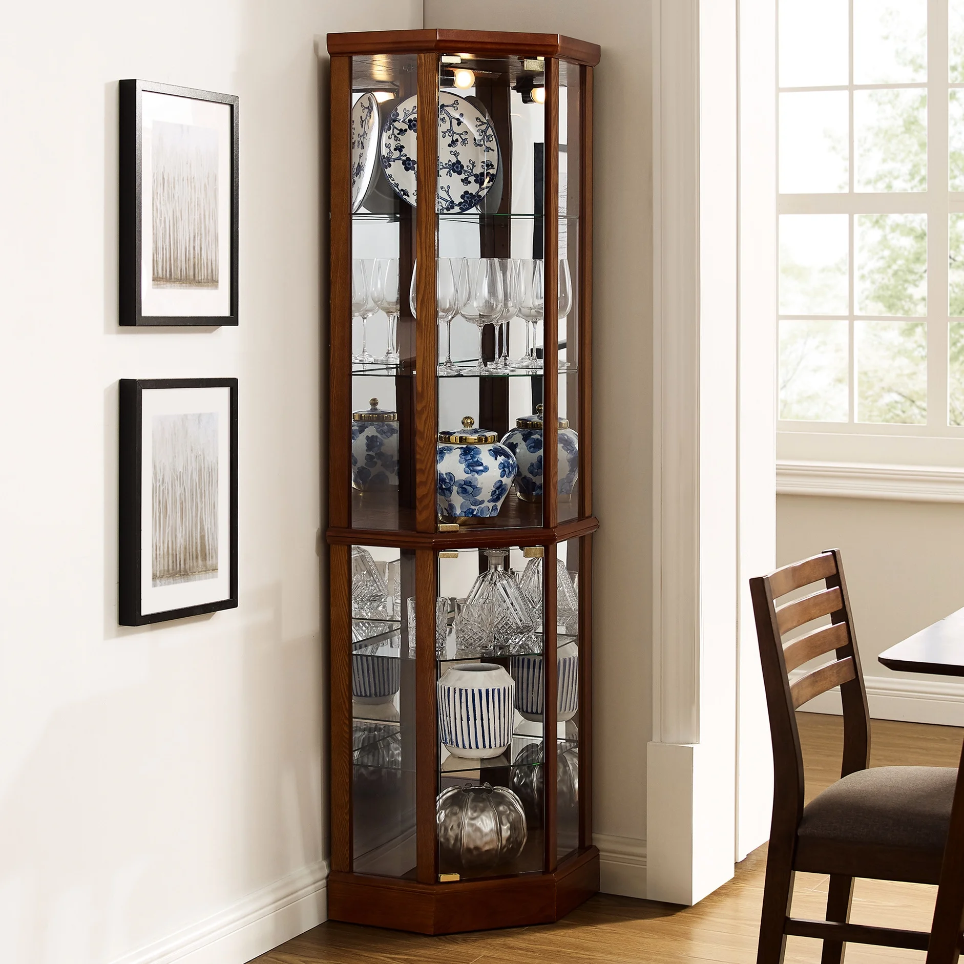 Walnut Cabinet With 6 Shelves, Adjustable Glass & Mirrored Back Design Shelf Lighted Corner Curio Shelves In