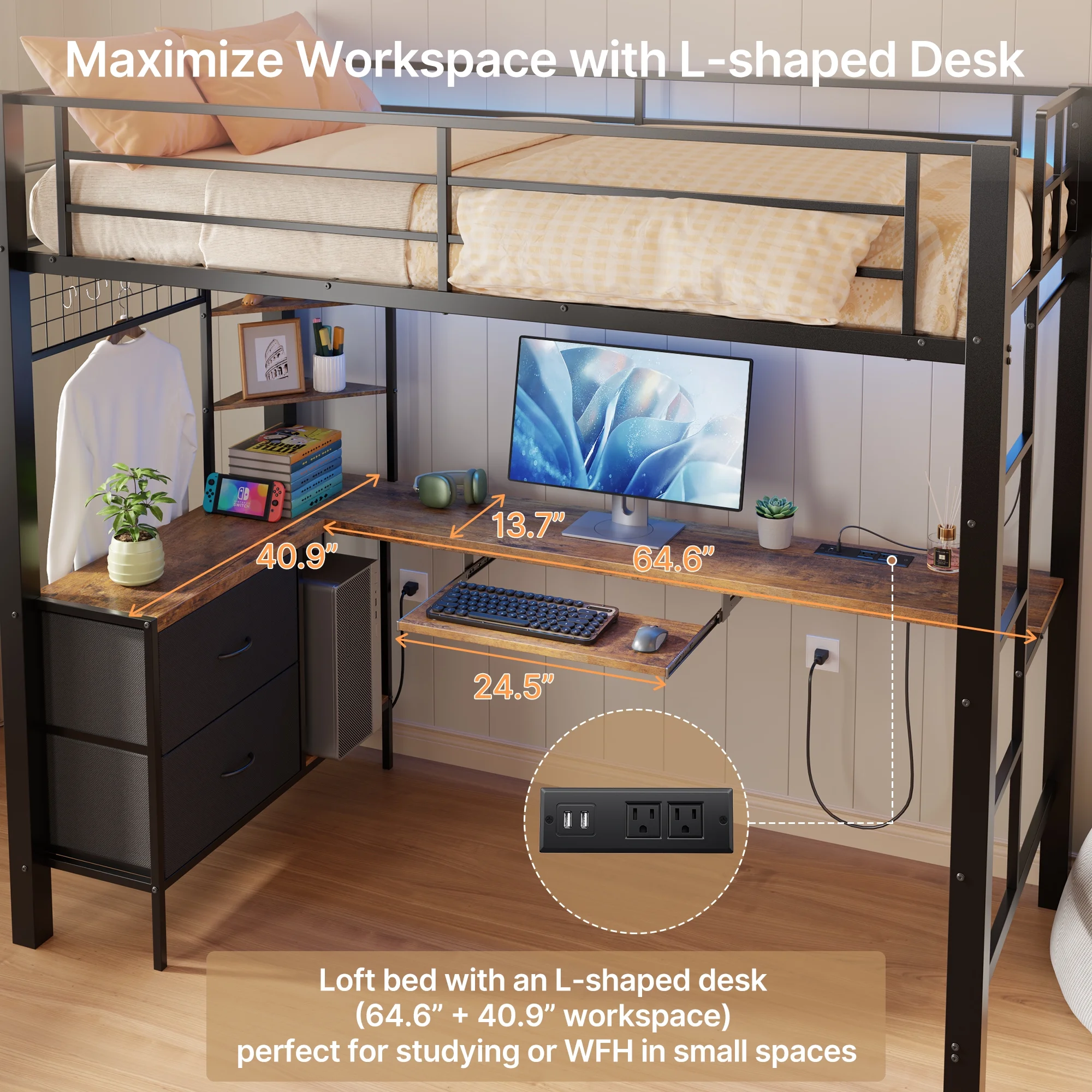 Loft Bed Frame with L-Shaped Writing Desk with Storage Drawers and Shelves, Lofka Twin Metal Bed with LED Lights and Charging Station, Retro Brown Board