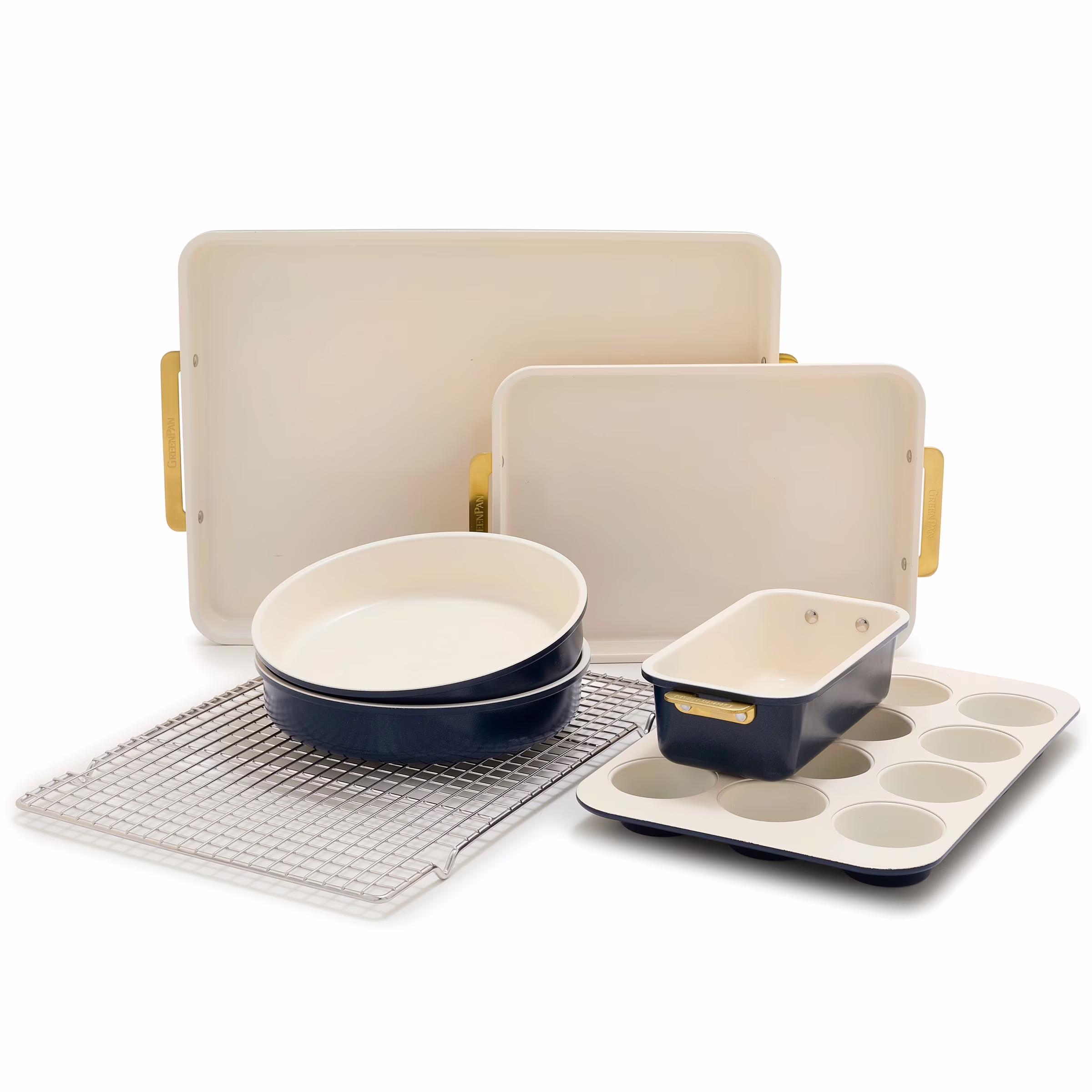 GreenPan Bakeware Set, 7 Piece Nonstick Ceramic Baking Sheets, Cake Pans, Loaf Pan, Muffin Tin, Cooling Rack, Green