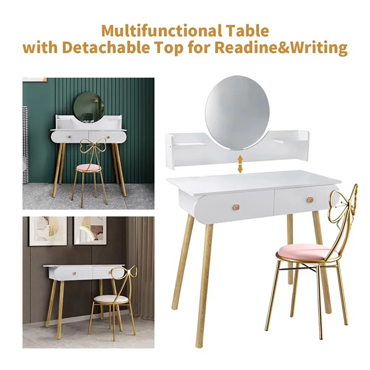 SolarSoda Vanity Table with Mirror, 2 Drawers Makeup Dressing Desk, Teen Adult(Without Stool)