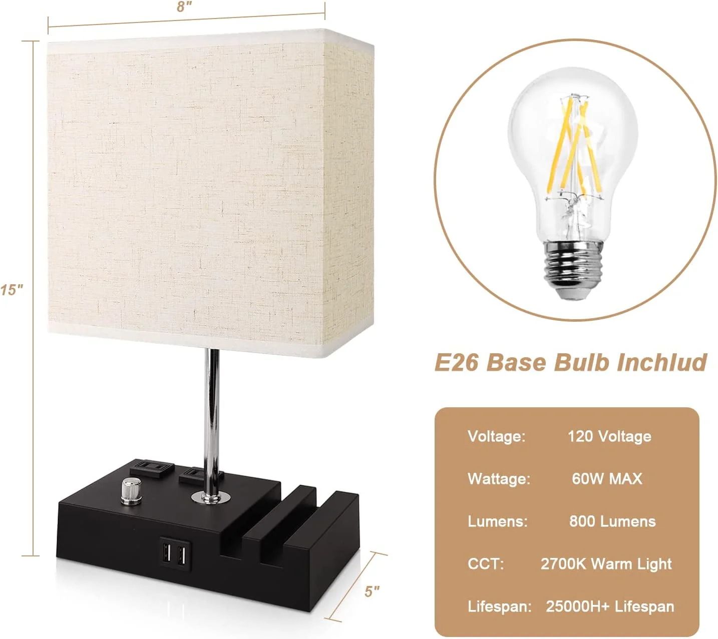 Bedside Table Lamp for Bedroom with Dual Fast USB Charging Ports, Fully Dimmable Nightstand Lamps with 2 Phone Stands and 2 Charging Outlets, Desk lamp with Fabric Shade for Living Room