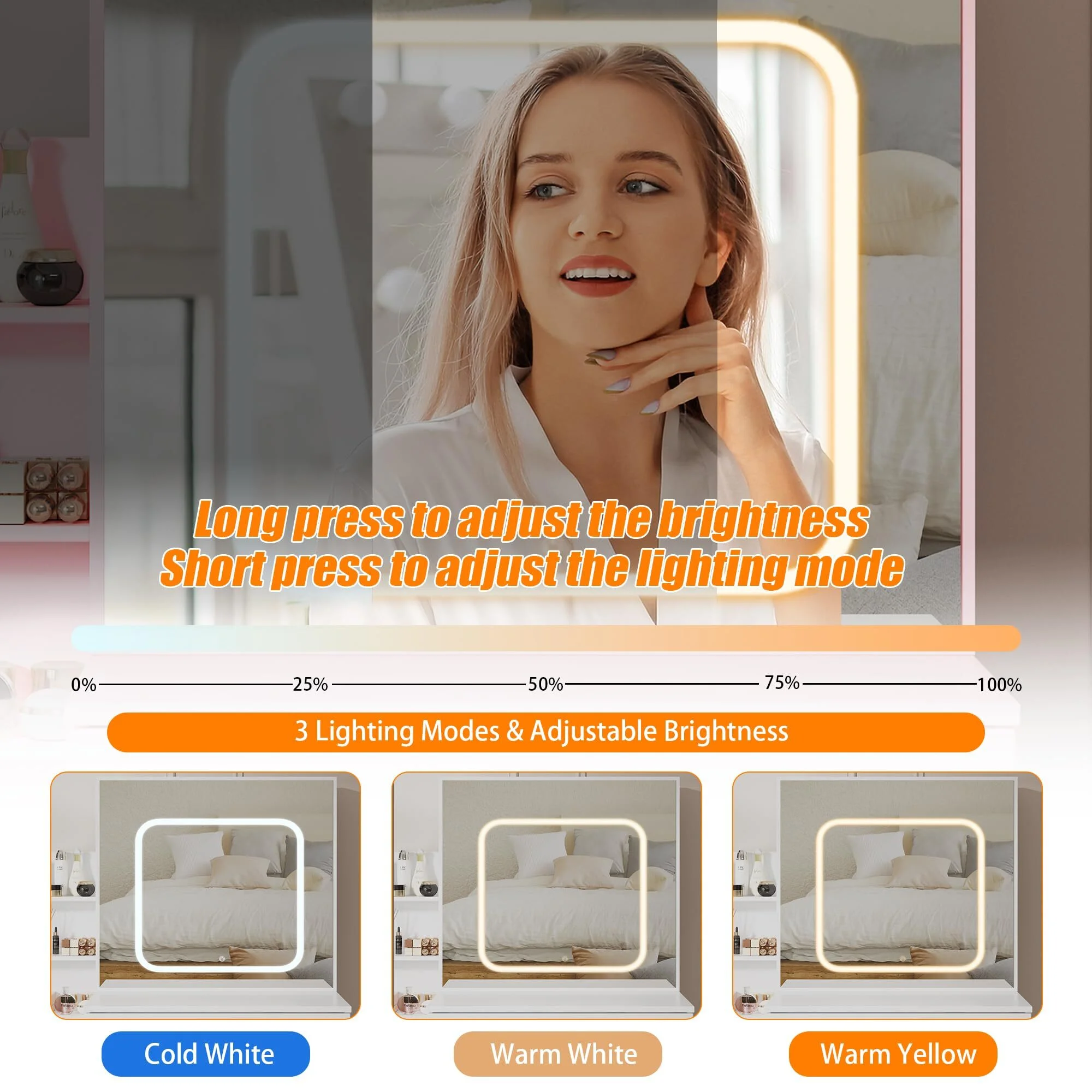 Vanity Desk with Sliding Mirror & Lights, Makeup Vanity Set with Charging Station 4 Drawers 7 Shelves, Large Vanity Set with Cushioned Stool for Bedroom, White