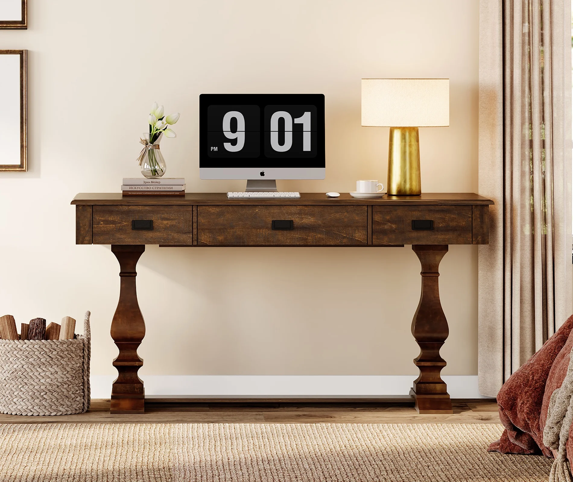WAMPAT Farmhouse Office Desk with Charging Station - Vintage Rustic Executive Writing Table, Includes 3 Storage Drawers, Sturdy Solid Wood Legs and Ergonomic Rounded Edge for Study,Dark Brown