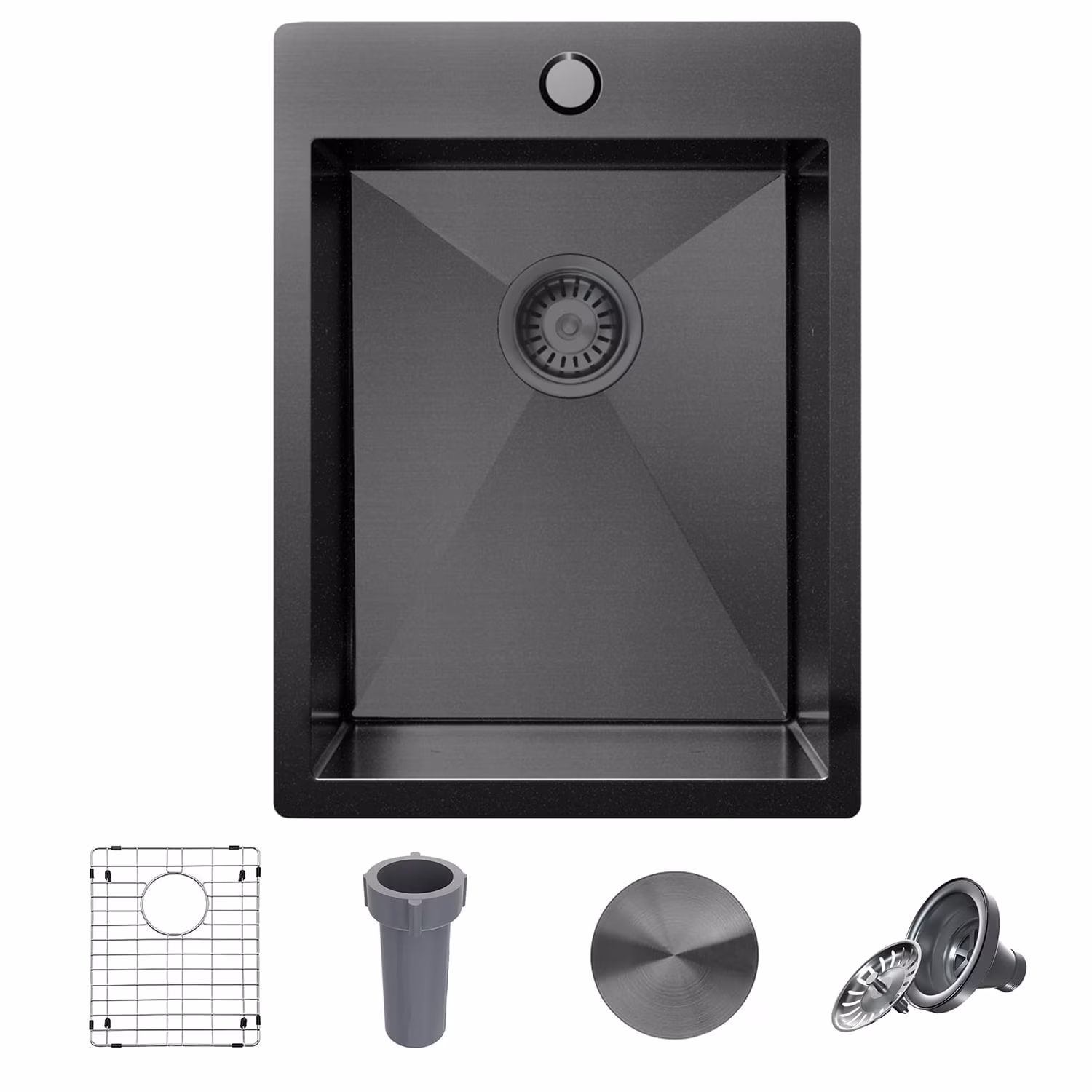 15 x 15 Inch Black Drop In Kitchen Bar Sink, Small Kitchen Sink Single Bowl Topmount Bar Prep Sink 18 Gauge Stainless Steel Bar Sink with Grid and Basket Strainer