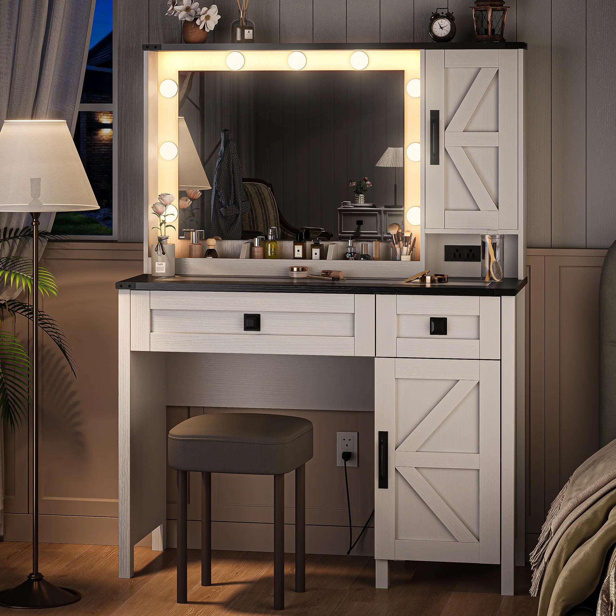 GIKPAL Makeup Vanity, Vanity Desk with Mirror & Glass Top, Farmhouse Vanity with Lights, Charging Station and Drawers, Rustic White