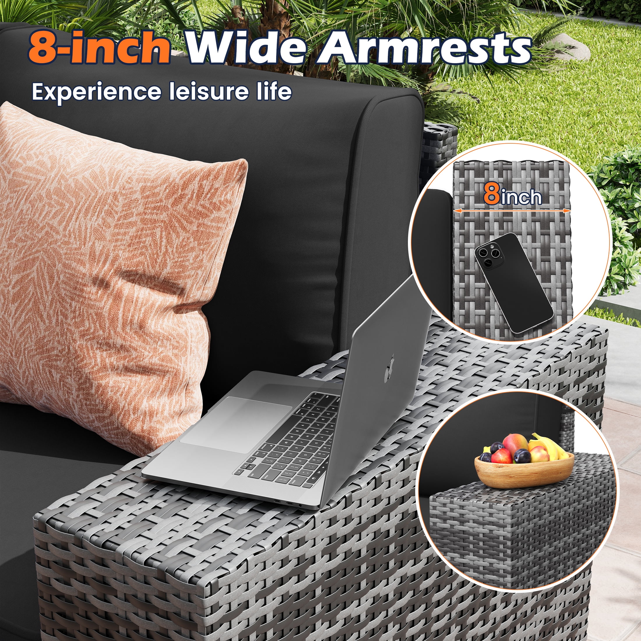 Poteban Patio Furniture Set 6 PCS Outdoor Sectional Conversation Sets Featuring Widen Wicker Armrests and High Back, Black (Waterproof Covers Included)