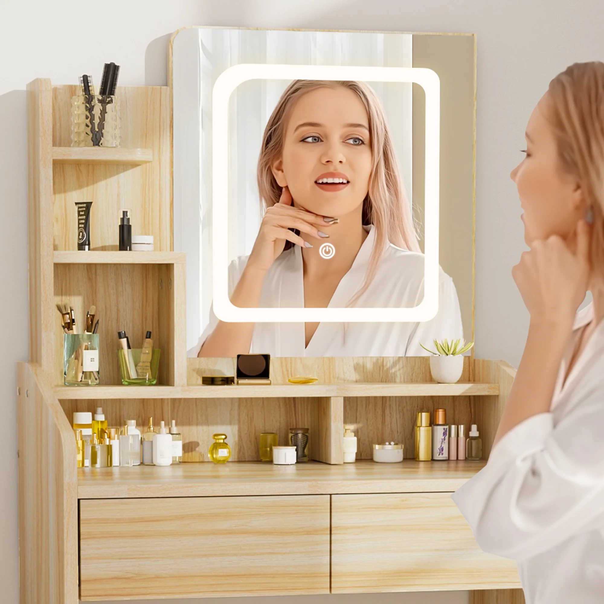 LIVELYGLOW Vanity Desk Set with Square Mirror and Light- Small Vanity Table with Drawers- White