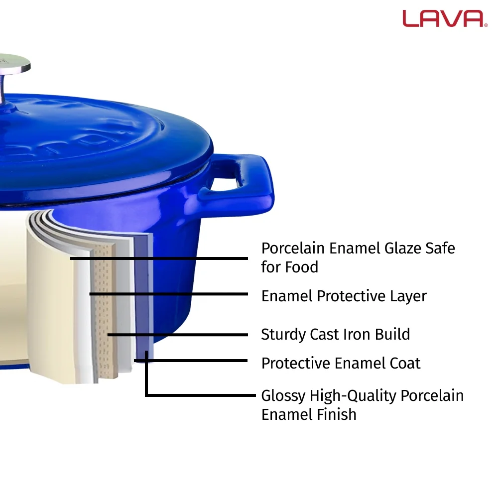 LAVA 6.75 Quarts Cast Iron Dutch Oven: Multipurpose Stylish Oval Shape Dutch Oven Pot with Three Layers of Enamel Coated with Trendy Lid (Blue)