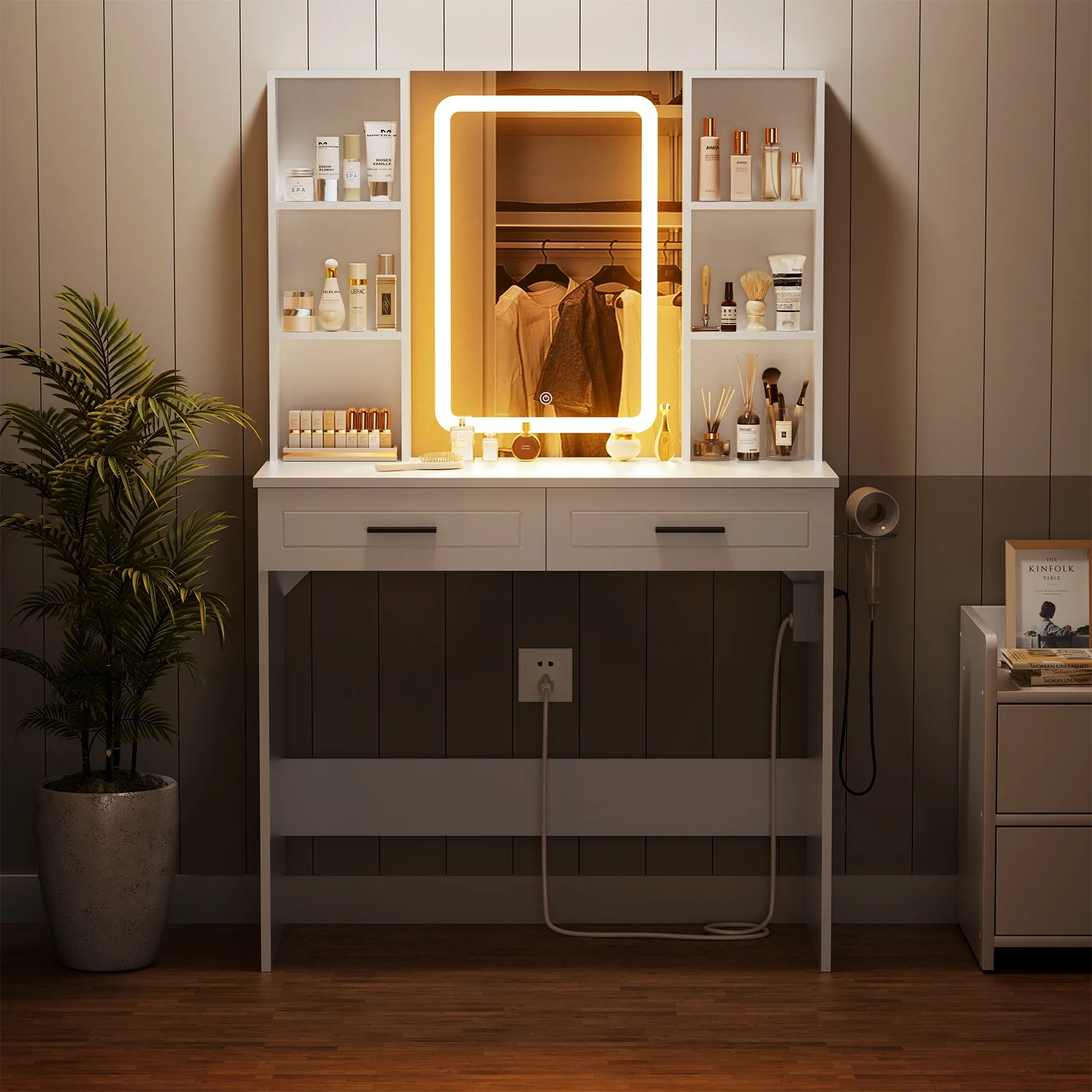 Hommpa Vanity, Makeup Vanity with LED Lighted Mirror Vanity Desk with Drawers Vanity Table with Charging Station for Girls Bedroom Storage Shelves, White