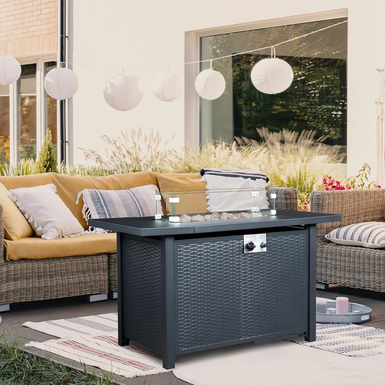 Simenmax 45'' Propane Fire Pit Table, 50,000 BTU Square Outdoor Gas Firepit with Steel Tabletop, Glass Wind Guard, Blue Glass Stone and Waterproof Cover for Garden, Patio, Deck, Yard