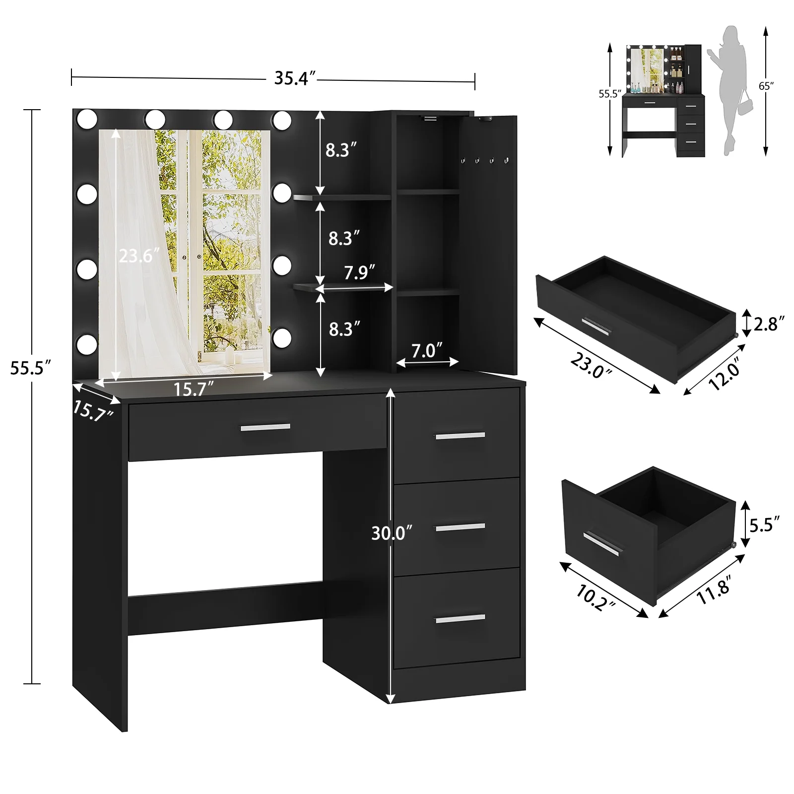 USIKEY LED Lights Mirror Vanity Desk Drawers Shelves Table Set Black