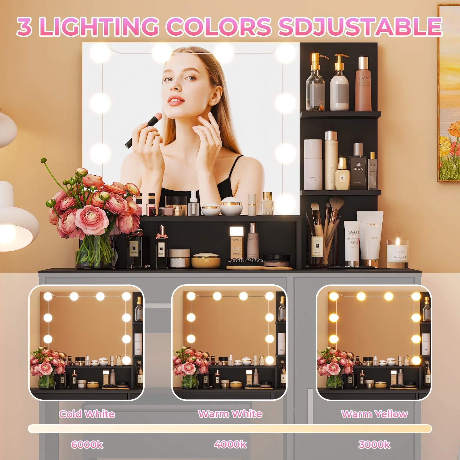 Ktaxon Vanity Set with 3 Color Lighted Mirror, Makeup Table with 3 Storage Shelves & Drawers, Dressing Table Makeup Desk with Stool,White
