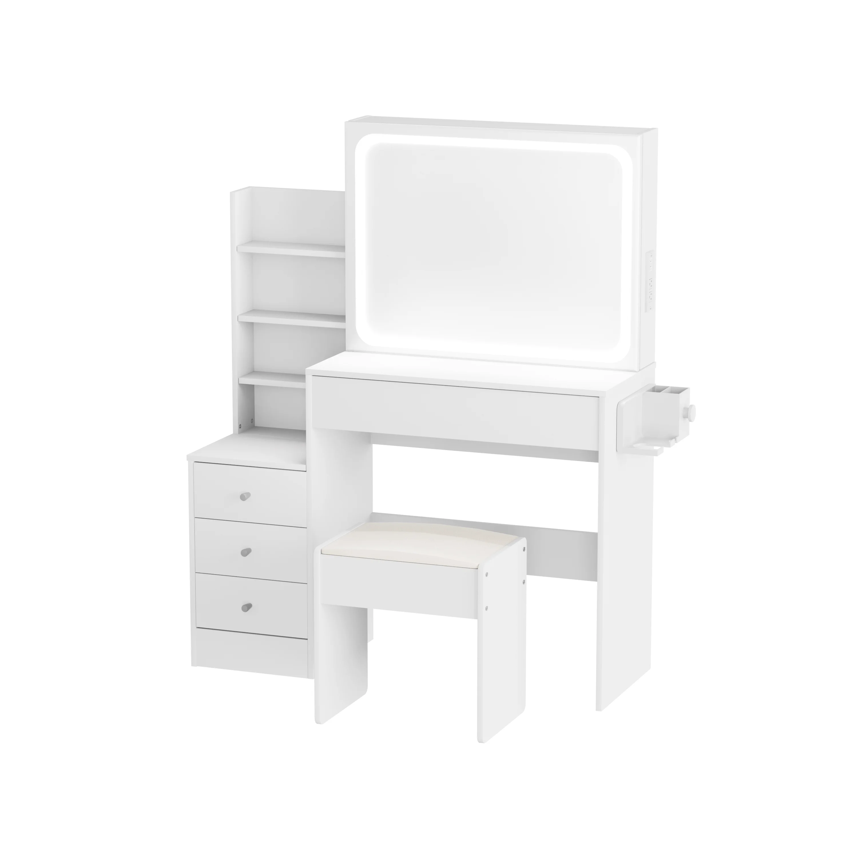 Alvantor Makeup Vanity Desk with Mirror & Lights, Dressing Table with Power Outlet and Hairdryer Shelving Vanity Set with Upholstered Stool White