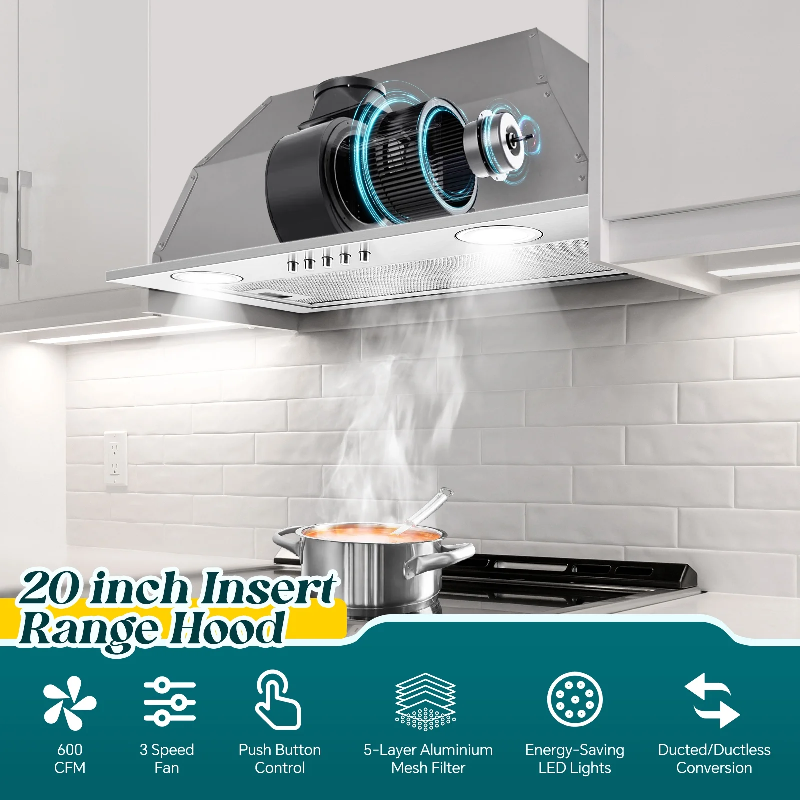 JOEAONZ Range Hood Insert 20 Inch Stainless Kitchen Vent with LED Light Exhaust Fan Button Control