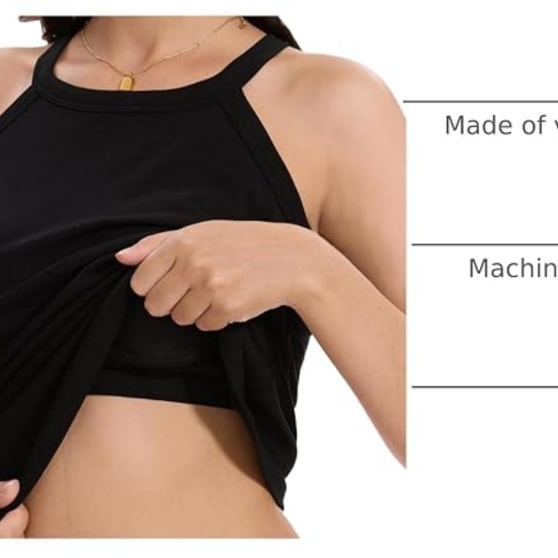 Women Ribbed Tank Tops Built in Bra Halter Tank Top Sleeveless Undershirt Tan