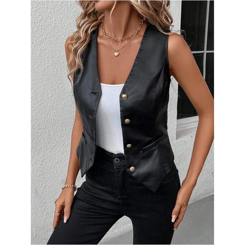 Women's PU Leather Button Down V Neck Sleeveless Jacket Vest Waistcoat