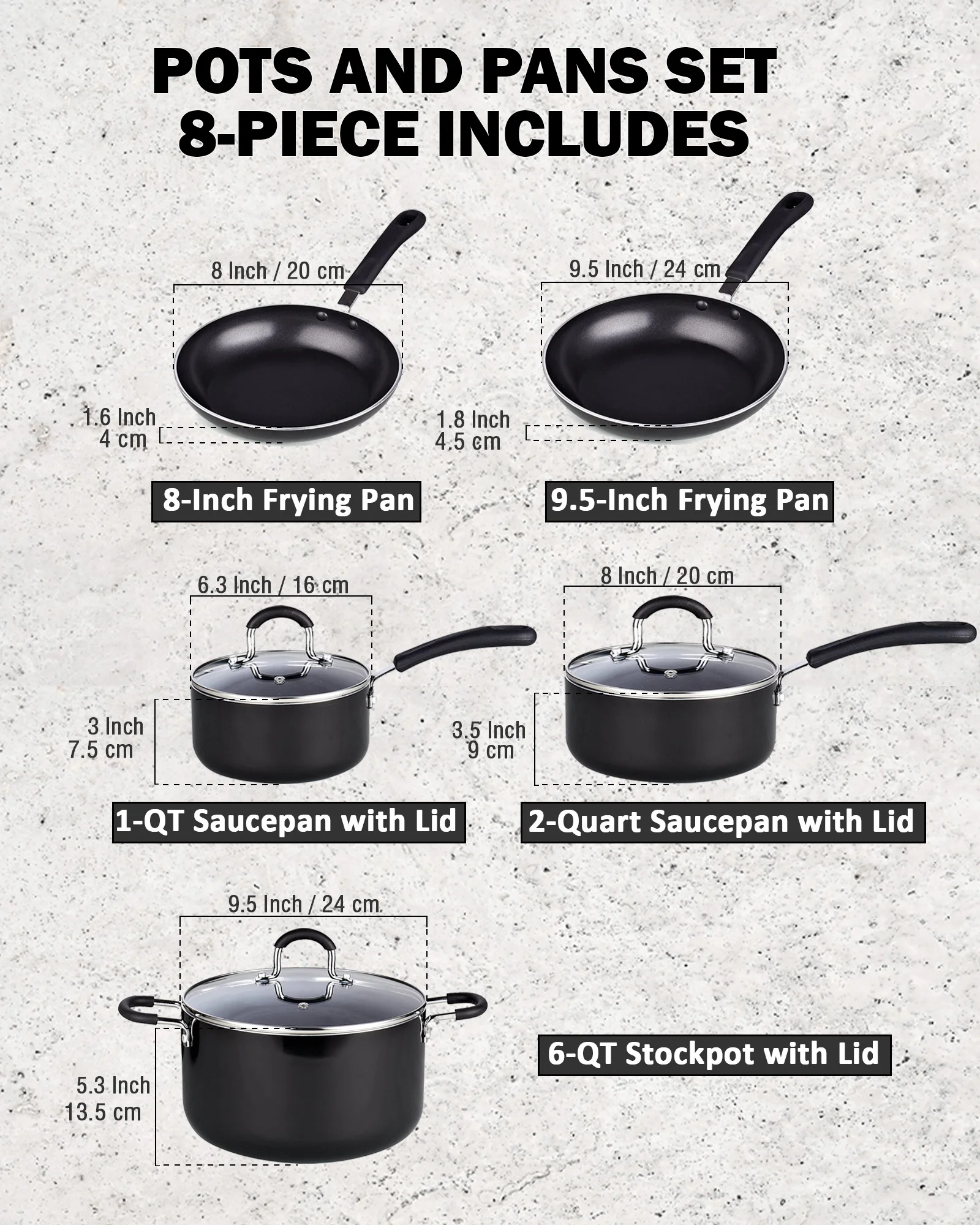 Cook N Home 8-Piece Nonstick Cookware Set, Heavy Gauge Pots and Pans Set, Kitchen Induction Cooking Pots with Silicone Handles, Mable