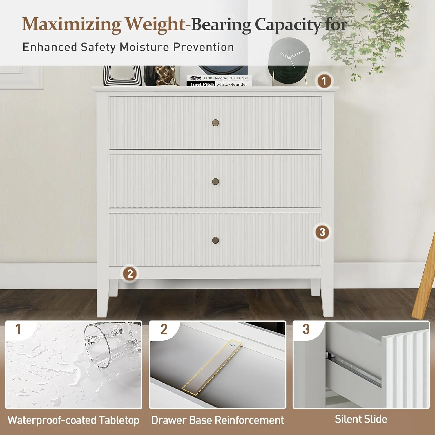 May Color Large White 3 Drawer Dresser Set of 2 with Fluted Panel, Modern Chest of Drawers with Silent Slide Drawers, Wood Accent Nightstand with Storage for Bedroom Living Room, Hallway