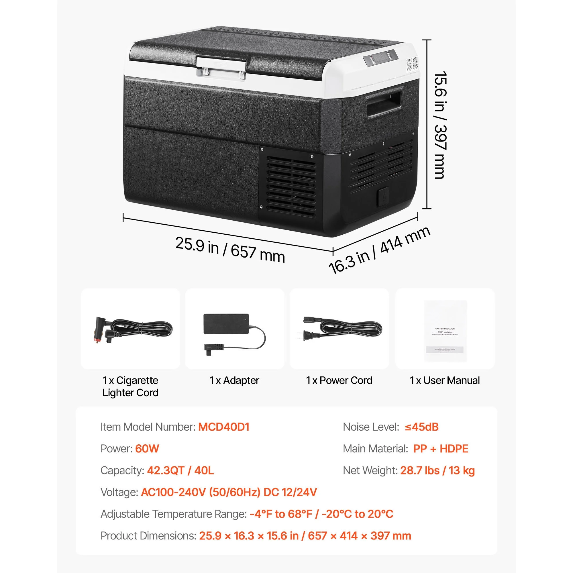 VEVOR Portable Car Refrigerator 42 Qt, 12V Portable Freezer with Single Zone, 12/24V DC & 110-240V AC Electric Cooler with -4℉-68℉ Cooling Range, for Car Truck Vehicle RV Boat Outdoor & Home use
