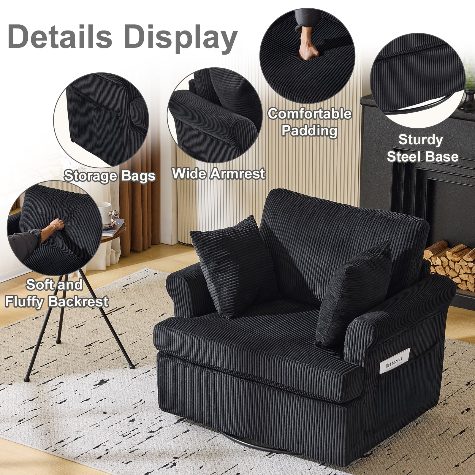 Ktaxon Swivel Accent Chair, 360-Degree Rotation Reading Chair, Corduroy Fabric Sofa with Armrest Pockets, Solid Metal Base, Perfect for Living Room Bedroom Black