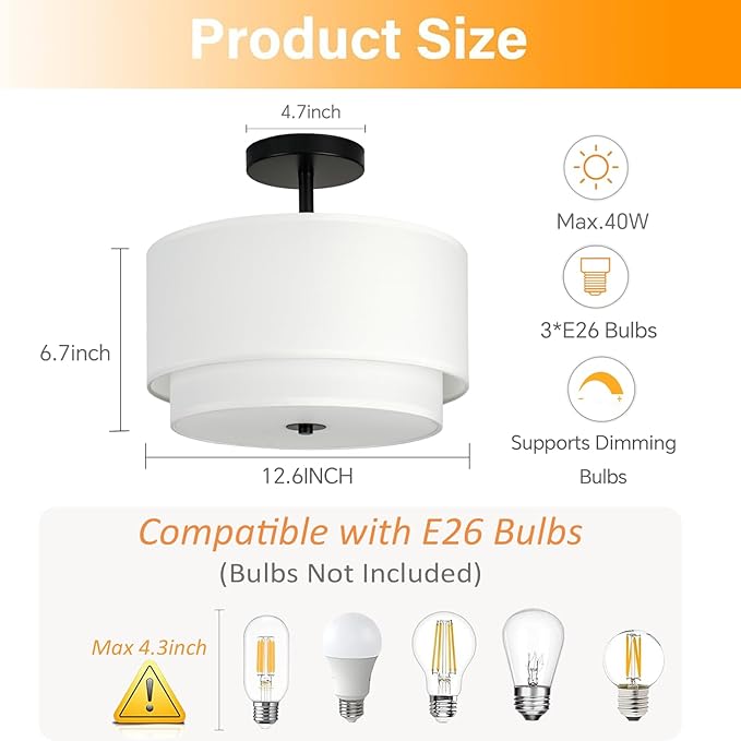 MELLOWWLITE 3-Light Semi Flush Mount Ceiling Light Fixture