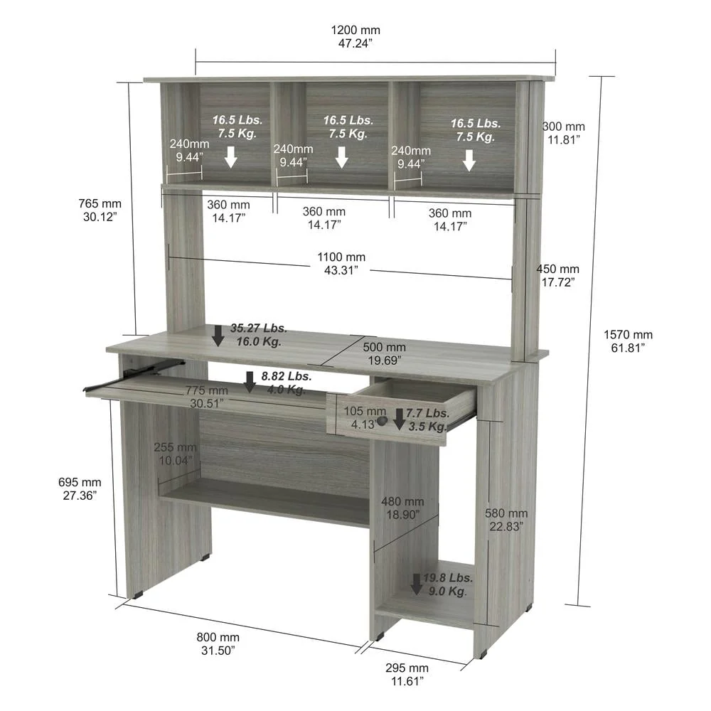 Inval Traditional Laminate Computer Desk and Hutch with Storage in Gray
