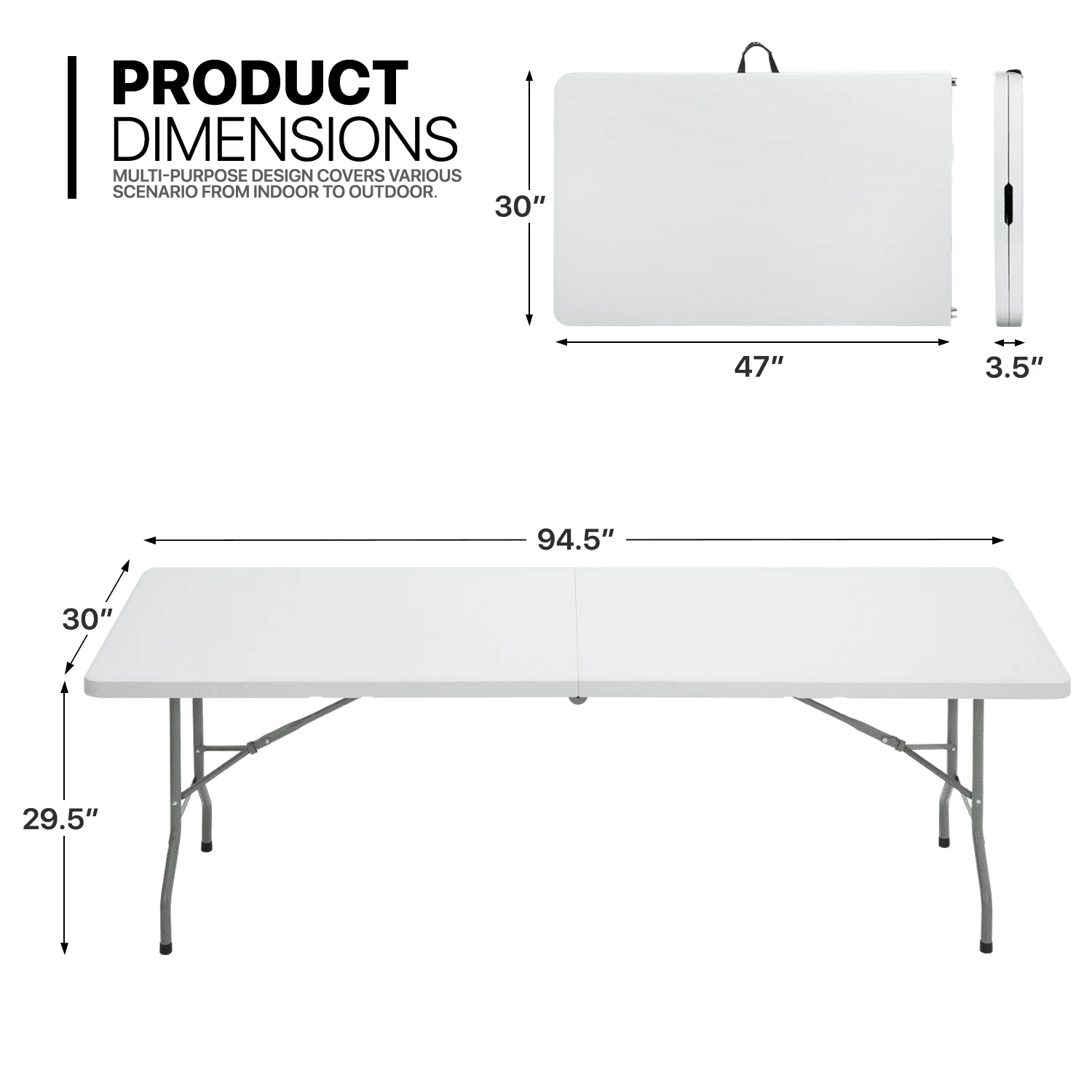 MoNiBloom 8Ft Folding Heavy Duty Table, Indoor Outdoor Portable Rectangle Plastic Picnic Desk with Steel Frame and Handle, White